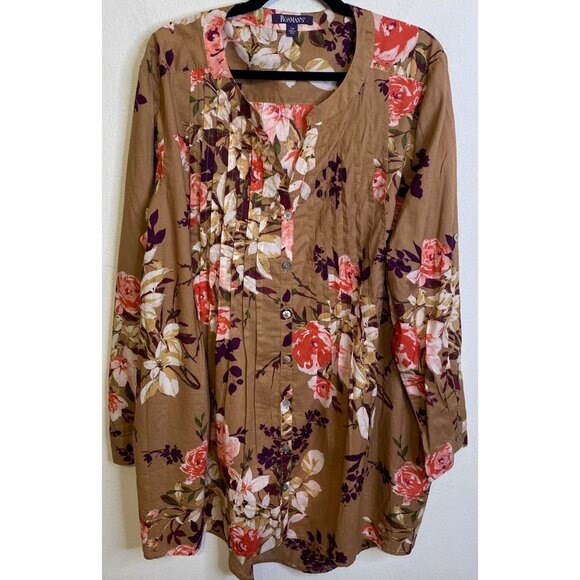 Roamans Tan Floral Pintuck Button Front Tunic Top Size 22W Long Sleeve Tropical - Picture 1 of 4